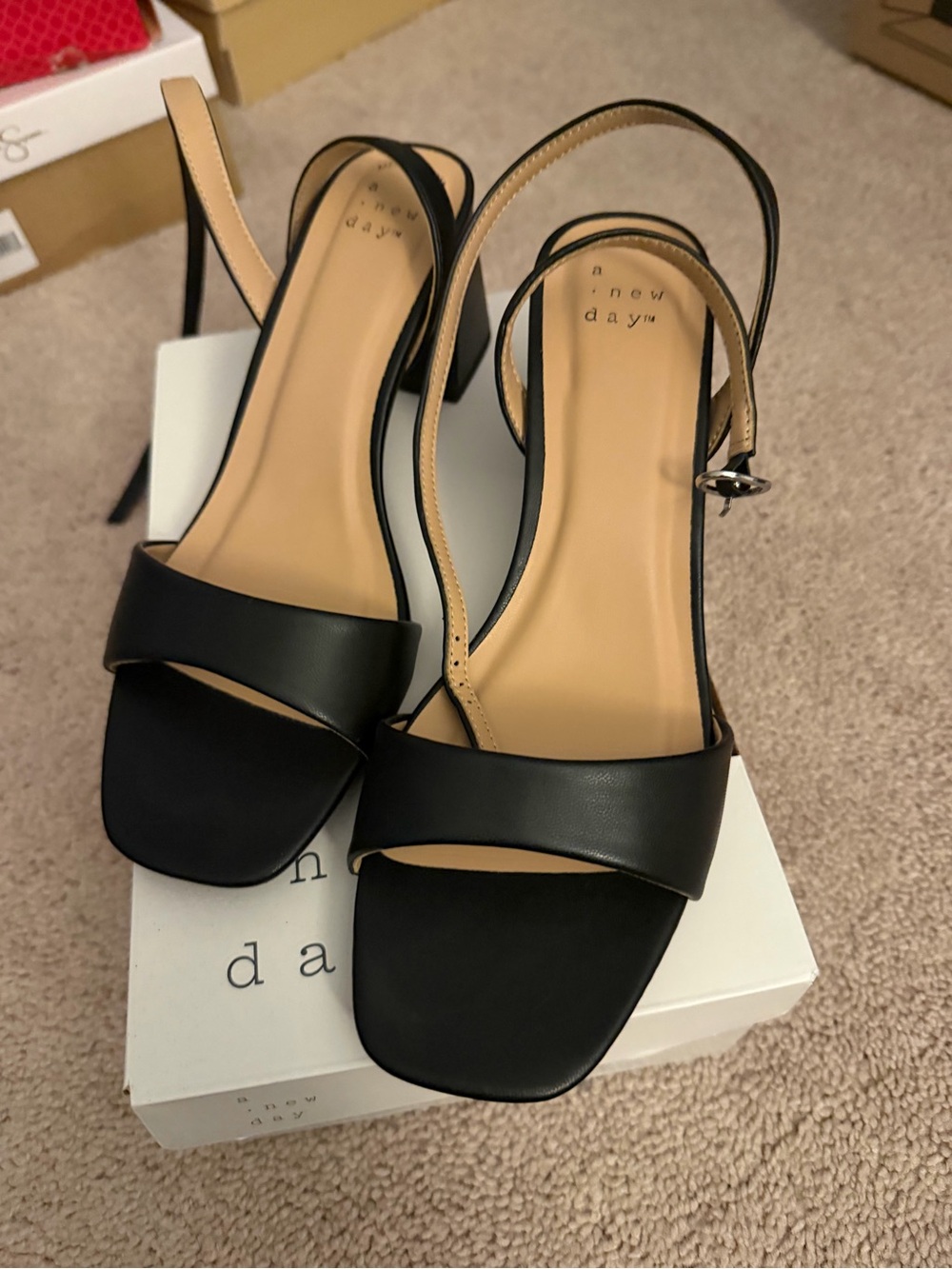 a new day Black Leather Slingback Sandals with Square Toe